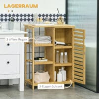 Ein natürlicher Badezimmerschrank und Regal aus Bambus mit drei Ebenen und Kippschutz.