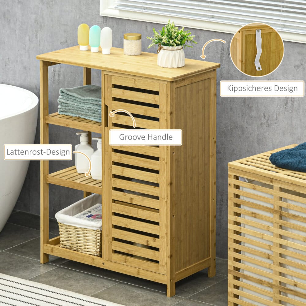 Ein natürlicher Badezimmerschrank und Regal aus Bambus mit drei Ebenen und Kippschutz.