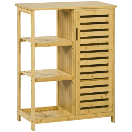 Ein natürlicher Badezimmerschrank und Regal aus Bambus mit drei Ebenen und Kippschutz.