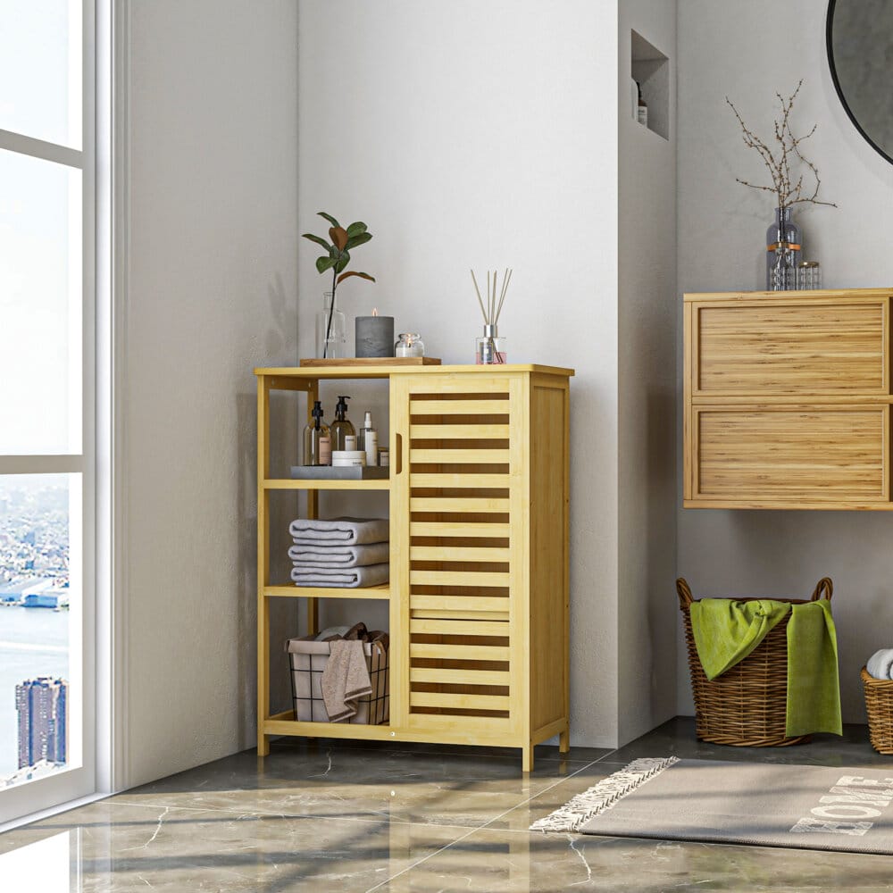 Ein natürlicher Badezimmerschrank und Regal aus Bambus mit drei Ebenen und Kippschutz.