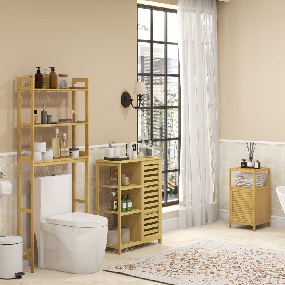 Ein natürlicher Badezimmerschrank und Regal aus Bambus mit drei Ebenen und Kippschutz.