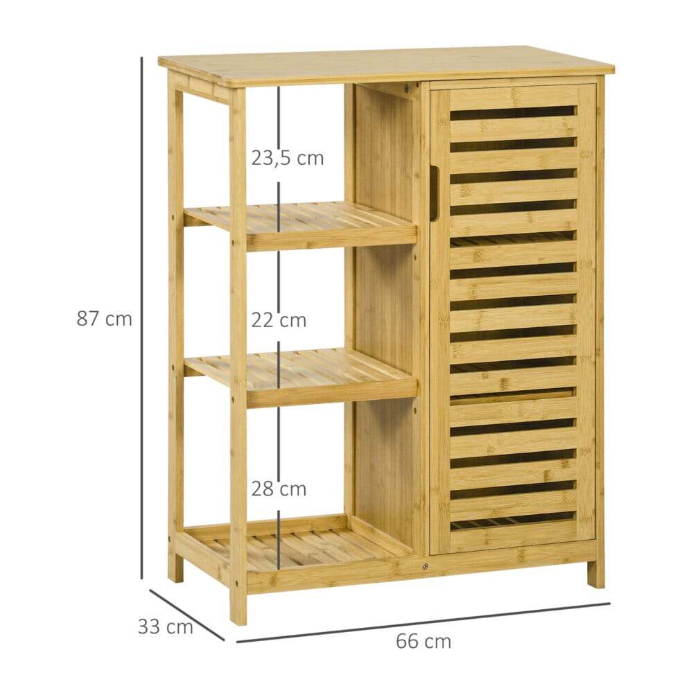 Ein natürlicher Badezimmerschrank und Regal aus Bambus mit drei Ebenen und Kippschutz.