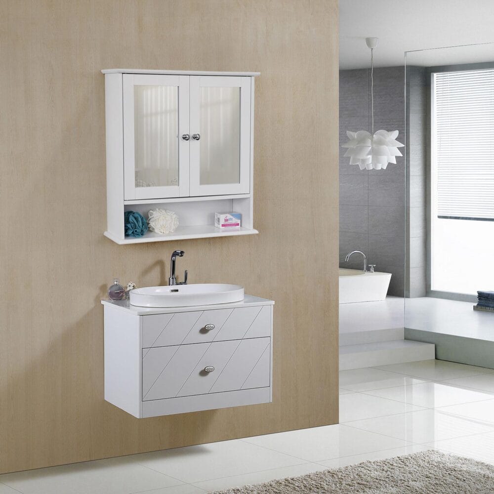 Badezimmerschrank Spiegelschrank Wandmontage Holz Weiss