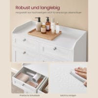 Praktischer Wäscheschrank mit Ablage, 2 Stoffkörben und 2 Schubladen für Ordnung im Bad. Stabil und leicht zu reinigen, mit wasserabweisender Beschichtung. Maße: 80 x 40 x 79 cm. Material: MDF, Polyester. Lieferumfang: 1 x Badezimmerschrank.