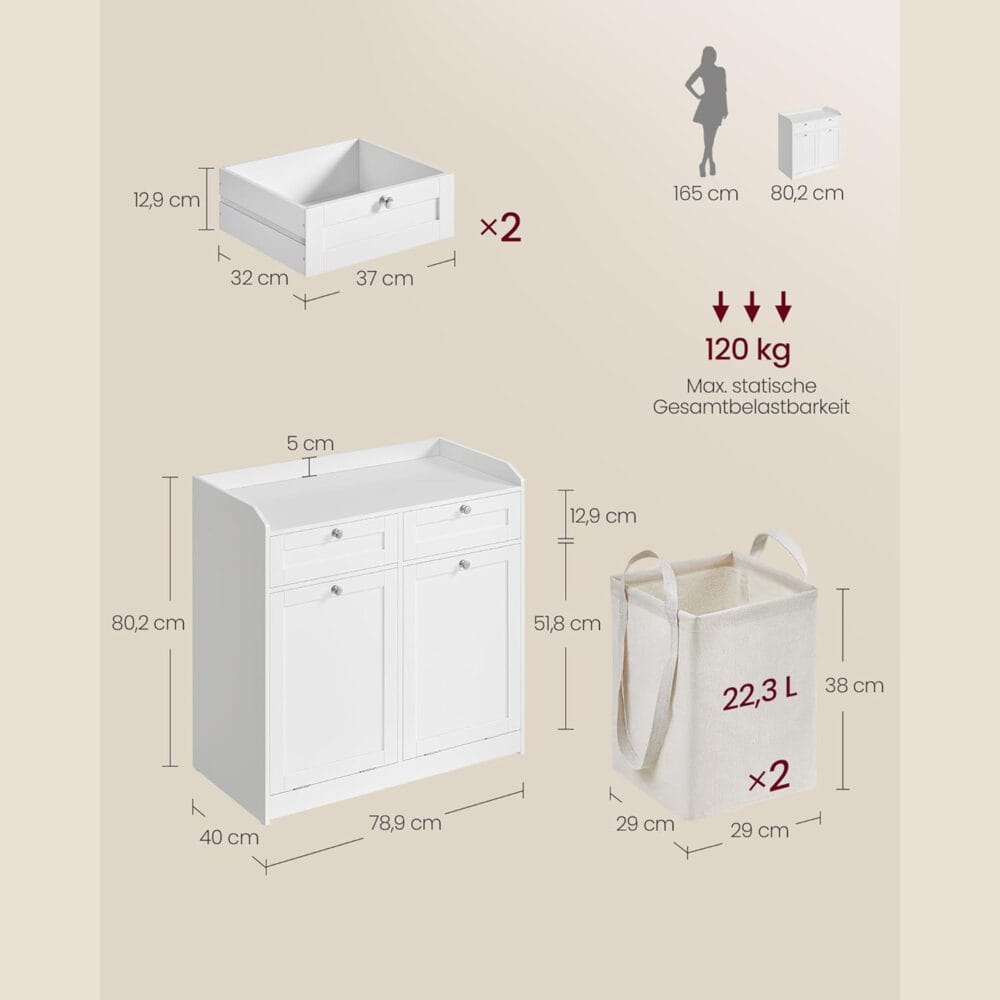 Praktischer Wäscheschrank mit Ablage, 2 Stoffkörben und 2 Schubladen für Ordnung im Bad. Stabil und leicht zu reinigen, mit wasserabweisender Beschichtung. Maße: 80 x 40 x 79 cm. Material: MDF, Polyester. Lieferumfang: 1 x Badezimmerschrank.