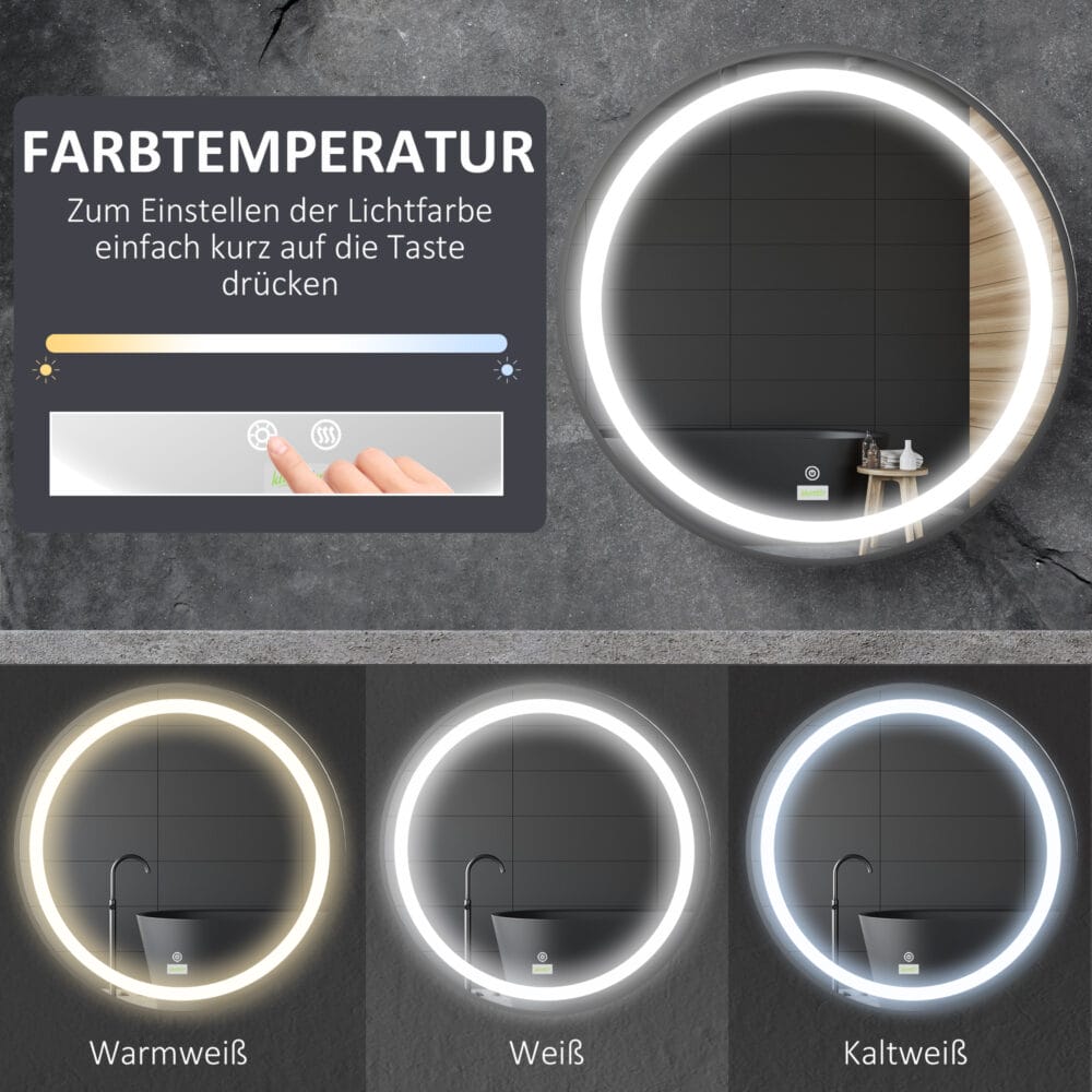 Runder schwarzer Badezimmerspiegel Ø60cm mit LED Beleuchtung und Touch-Schalter
