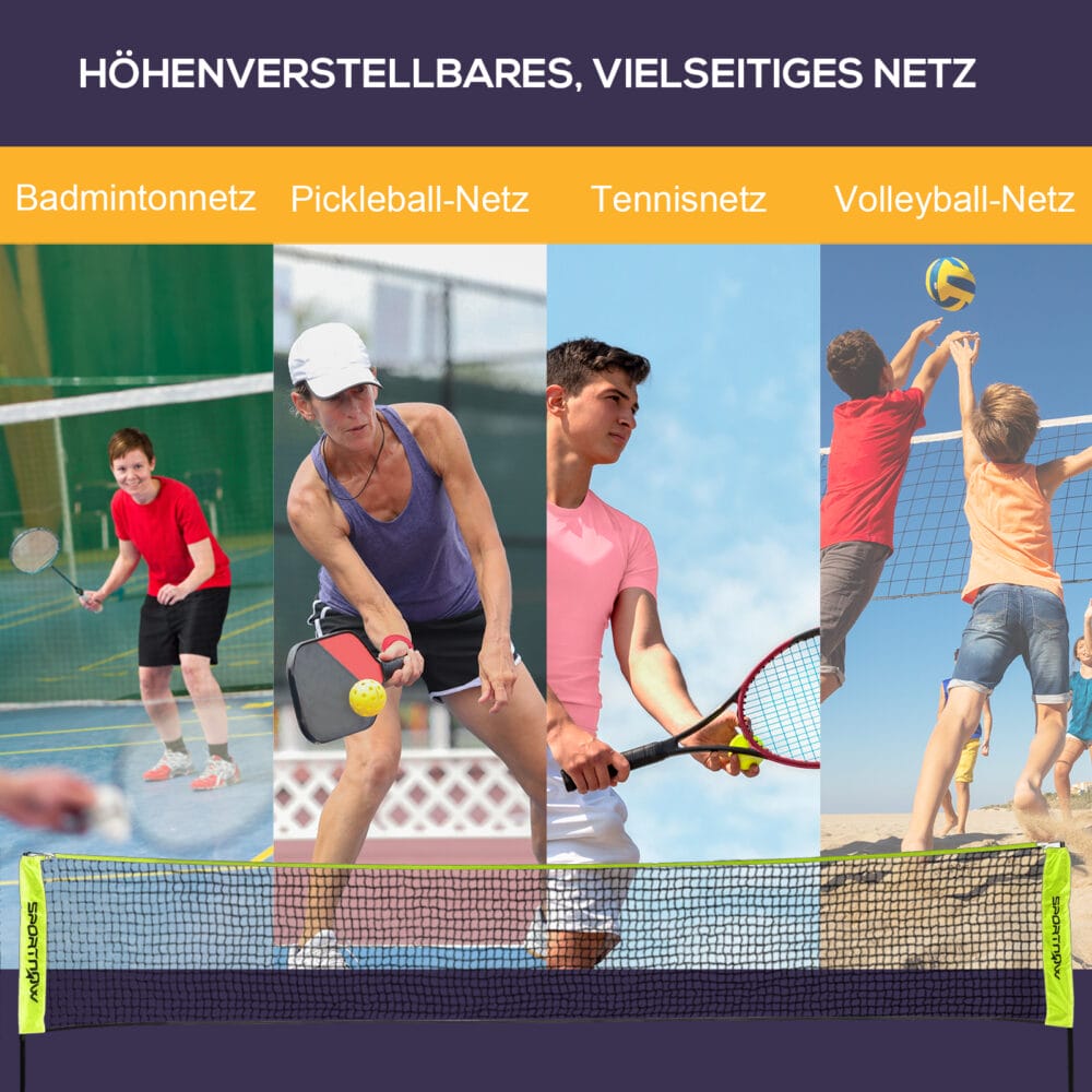 Gelbes faltbares Badmintonnetz mit Höhenverstellung und praktischer Tragetasche für einfachen Transport.