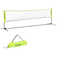 Gelbes faltbares Badmintonnetz mit Höhenverstellung und praktischer Tragetasche für einfachen Transport.