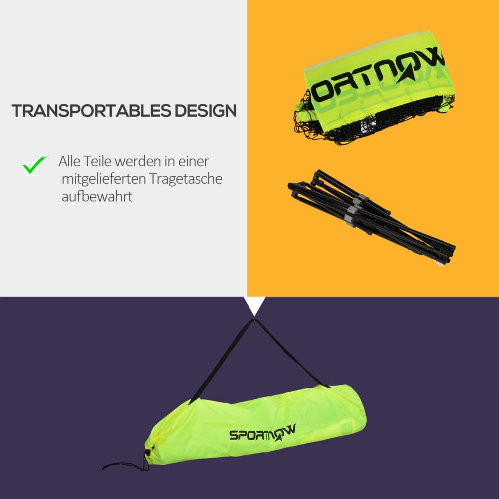 Gelbes faltbares Badmintonnetz mit Höhenverstellung und praktischer Tragetasche für einfachen Transport.