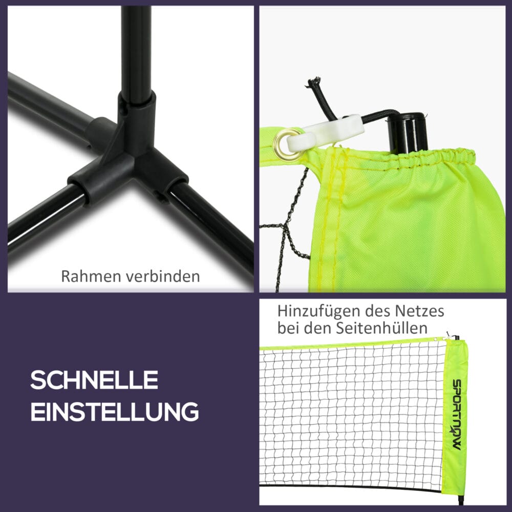 Gelbes faltbares Badmintonnetz mit Höhenverstellung und praktischer Tragetasche für einfachen Transport.