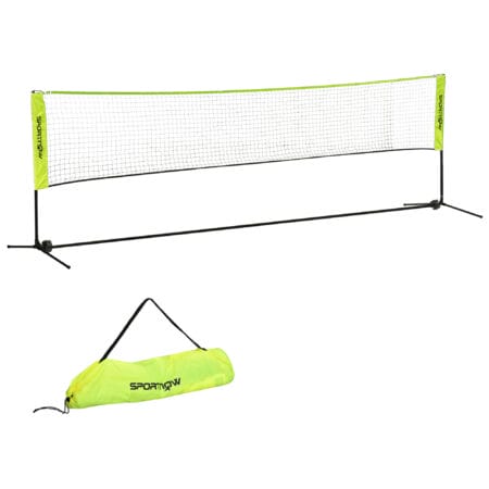Gelbes faltbares Badmintonnetz mit Höhenverstellung und praktischer Tragetasche für einfachen Transport.