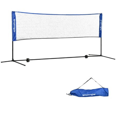 Blaues höhenverstellbares Badmintonnetz, faltbar und vielseitig für Indoor- und Outdoor-Nutzung.
