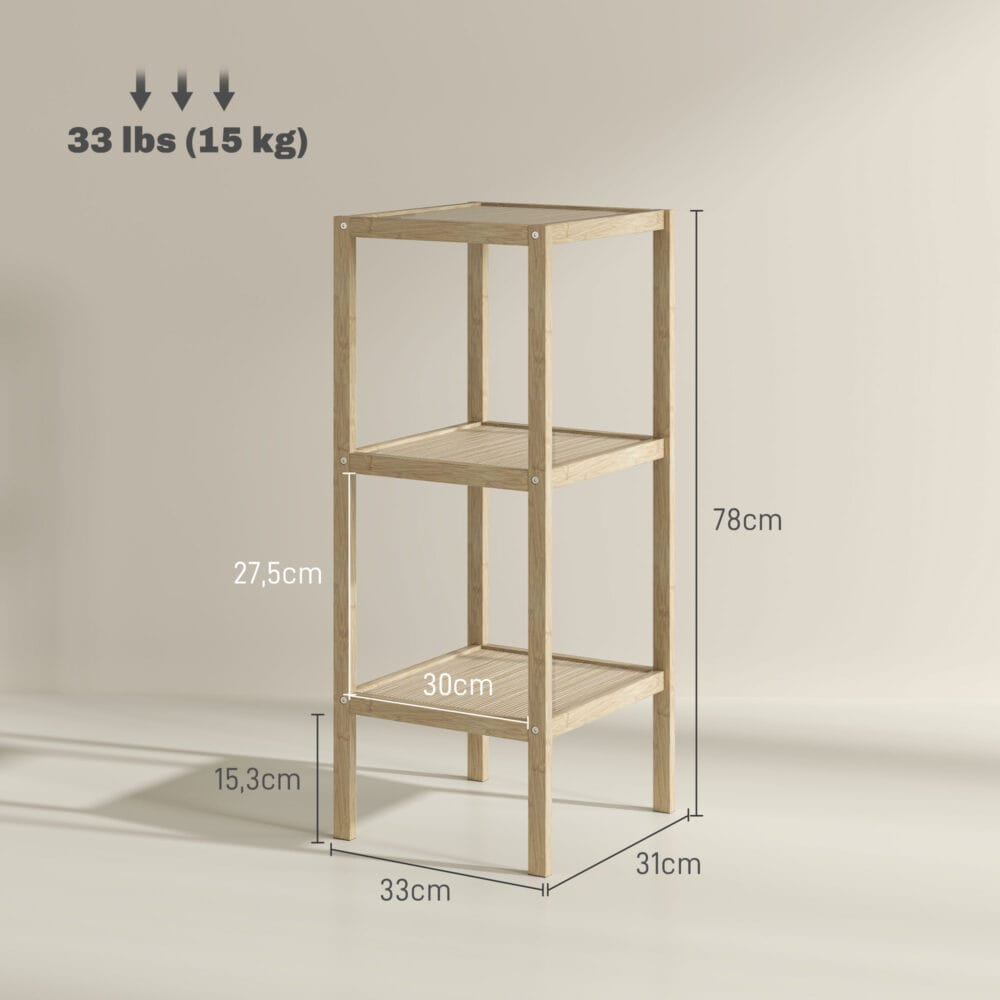 Naturholz Badregal aus Bambus mit 3 Ebenen 33x31x78cm