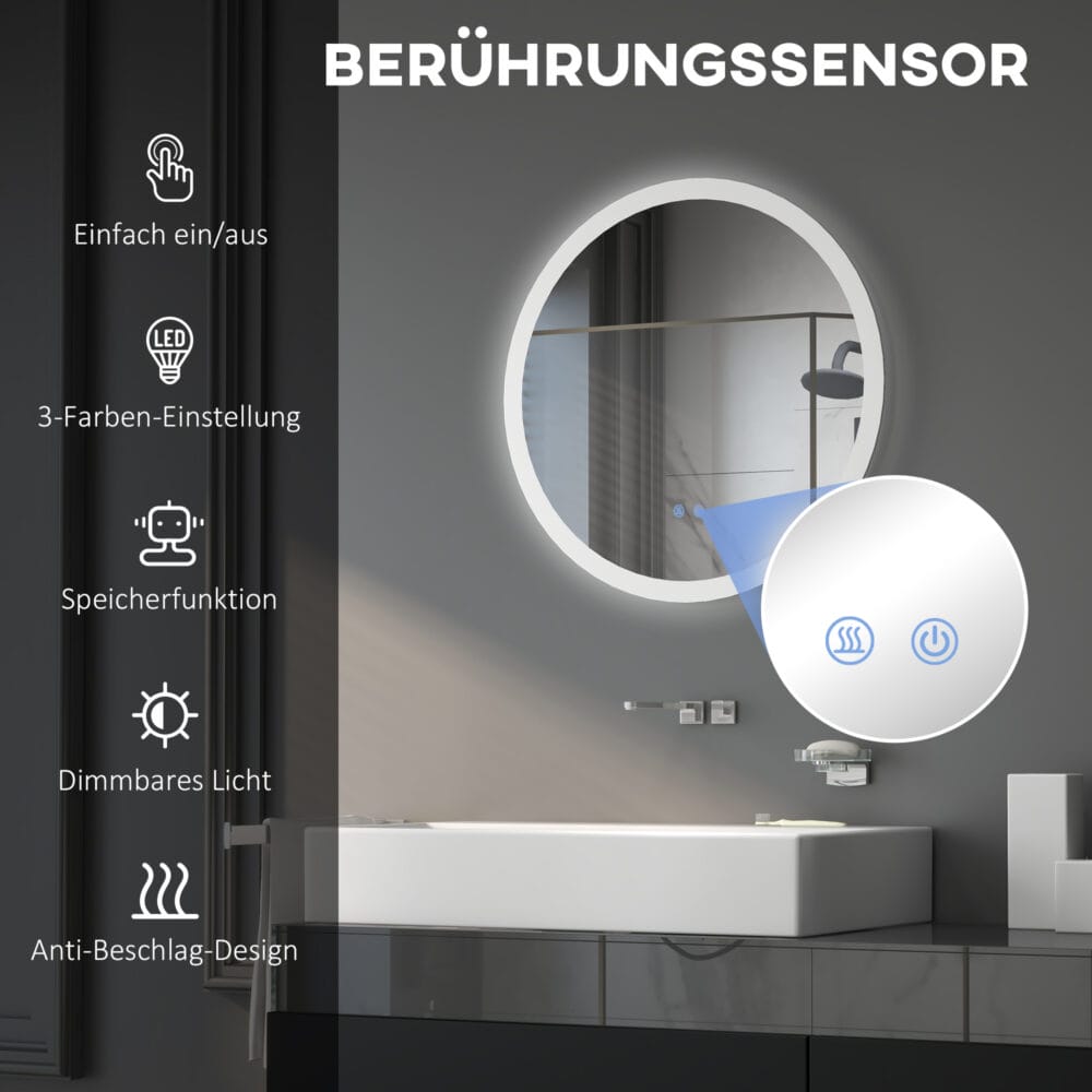 Badspiegel 60cm mit Beleuchtung IP44 Touch-Schalter und Anti-Beschlag