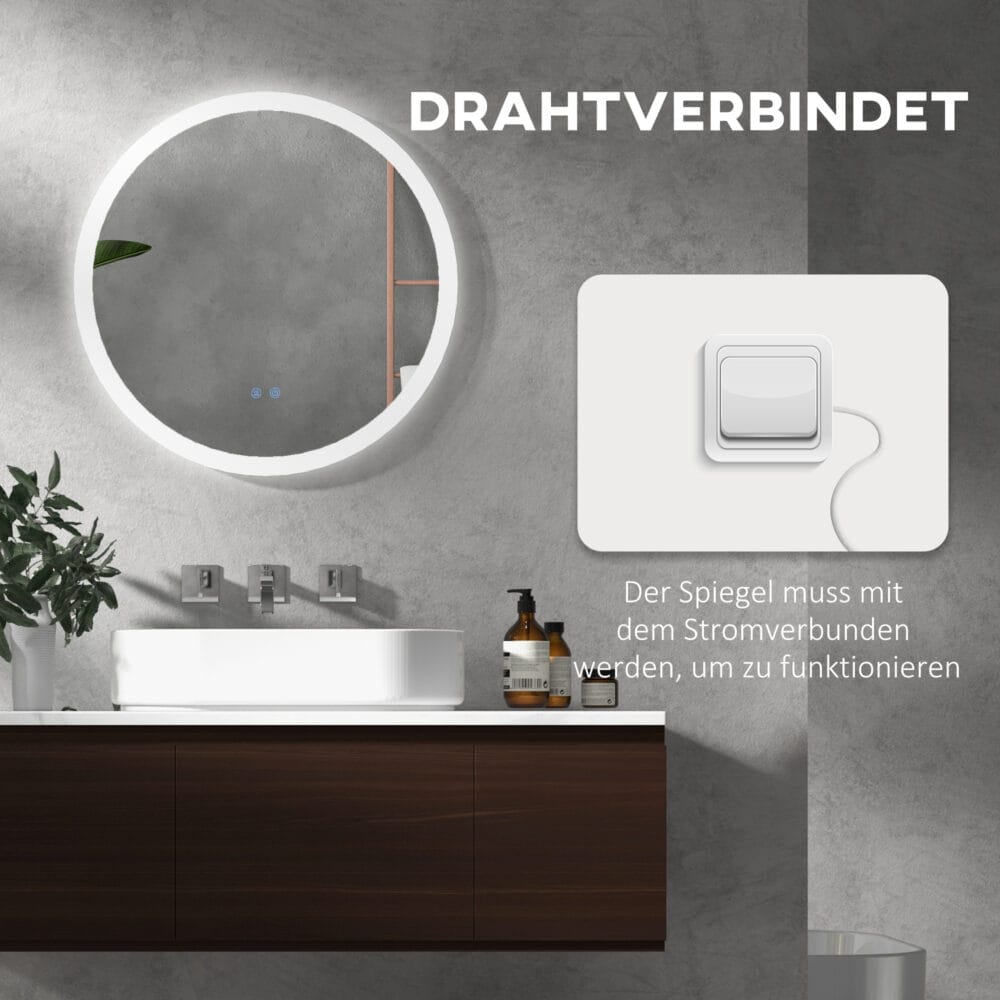 Badspiegel 60cm mit Beleuchtung IP44 Touch-Schalter und Anti-Beschlag