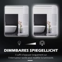 Badspiegel 70x50cm mit Beleuchtung IP44 Touch-Schalter und Anti-Beschlag