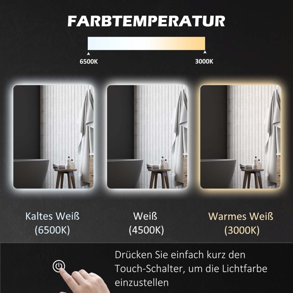 Badspiegel 70x50cm mit Beleuchtung IP44 Touch-Schalter und Anti-Beschlag