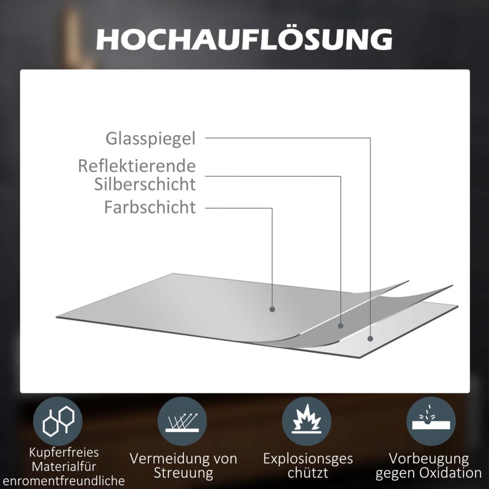 Badspiegel 70x50cm mit Beleuchtung IP44 Touch-Schalter und Anti-Beschlag