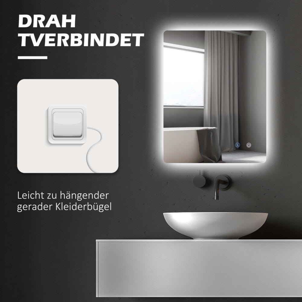 Badspiegel 70x50cm mit Beleuchtung IP44 Touch-Schalter und Anti-Beschlag