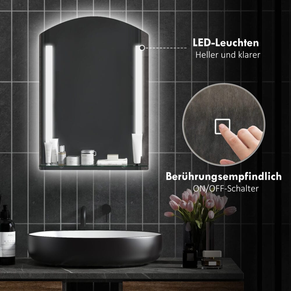 Silberner Badspiegel mit LED-Beleuchtung und Touch-Schalter 50x70cm