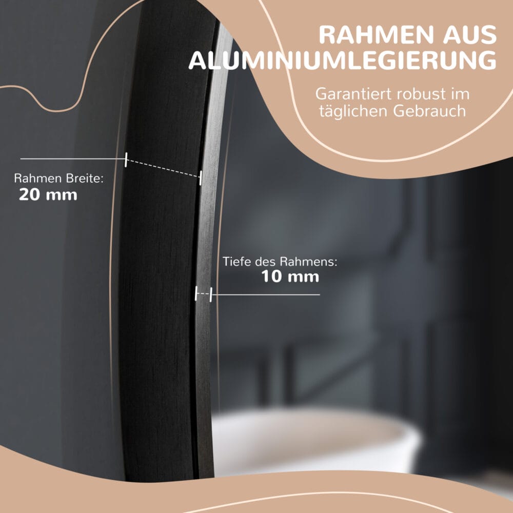 Runder schwarzer Badspiegel mit Ø50cm Alurahmen und IP44 Schutz für Badezimmer
