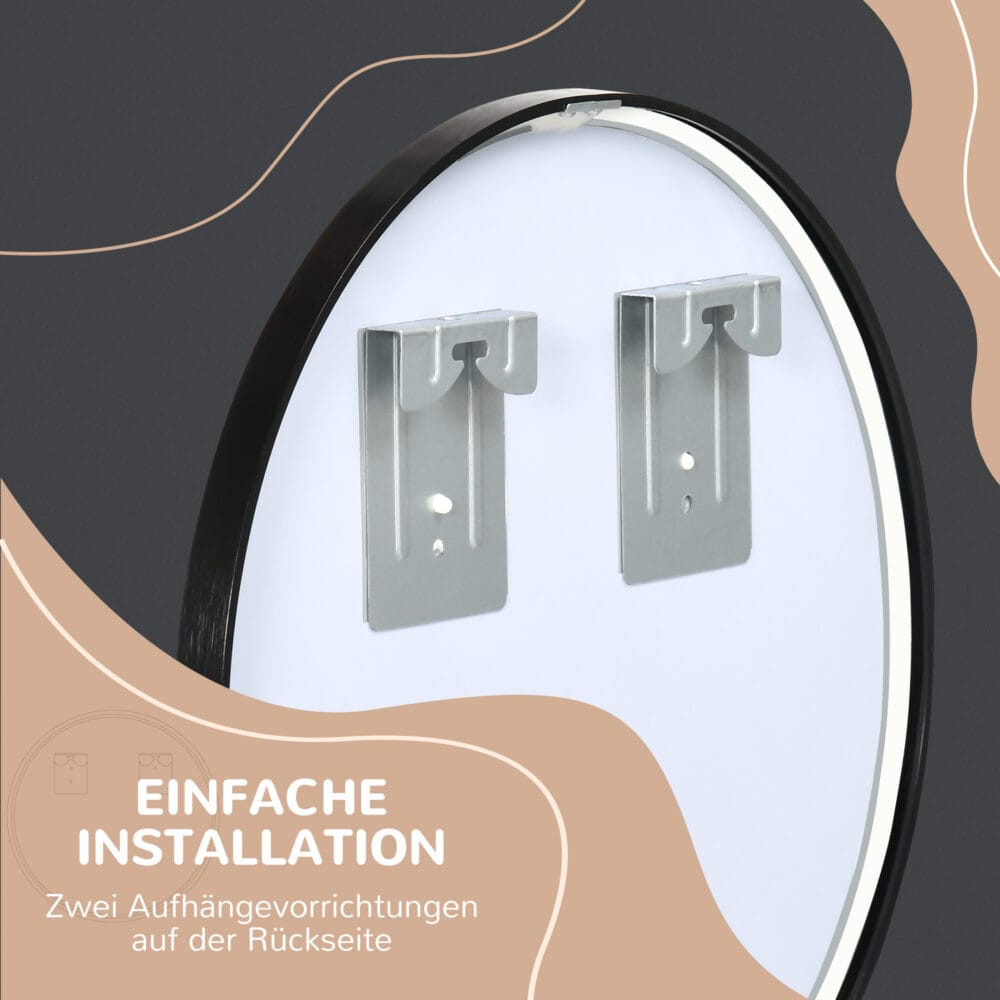 Runder schwarzer Badspiegel mit Ø50cm Alurahmen und IP44 Schutz für Badezimmer