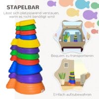 Rutschfeste Balance-Steine für Kinder, die bis 100kg belastbar sind. Sie ermöglichen kreative Balancierpfade und stärken die Motorik.