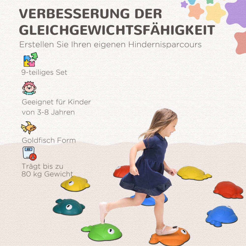 Buntes 9-teiliges Set rutschfester Balanciersteine für Kinder, bis 80kg belastbar. Es ermöglicht den Aufbau von anspruchsvollen Balance-Parcours.