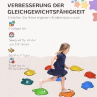 Buntes 9-teiliges Set rutschfester Balanciersteine für Kinder, bis 80kg belastbar. Es ermöglicht den Aufbau von anspruchsvollen Balance-Parcours.