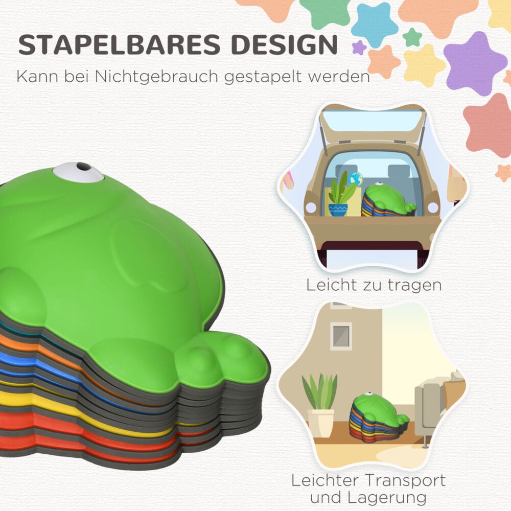 Buntes 9-teiliges Set rutschfester Balanciersteine für Kinder, bis 80kg belastbar. Es ermöglicht den Aufbau von anspruchsvollen Balance-Parcours.