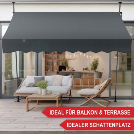 Extra breite Standmarkise 400x120 cm für großzügigen Sonnen- und Sichtschutz auf dem Balkon.