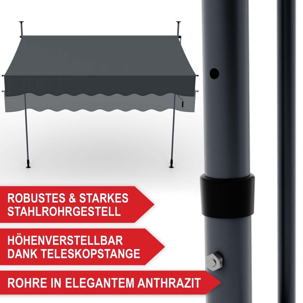 Extra breite Standmarkise 400x120 cm für großzügigen Sonnen- und Sichtschutz auf dem Balkon.