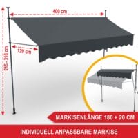 Extra breite Standmarkise 400x120 cm für großzügigen Sonnen- und Sichtschutz auf dem Balkon.