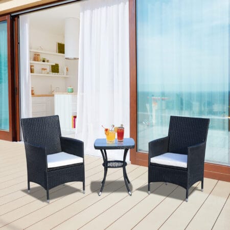 Schwarze Polyrattan-Sitzgruppe für zwei Personen für den Balkon.