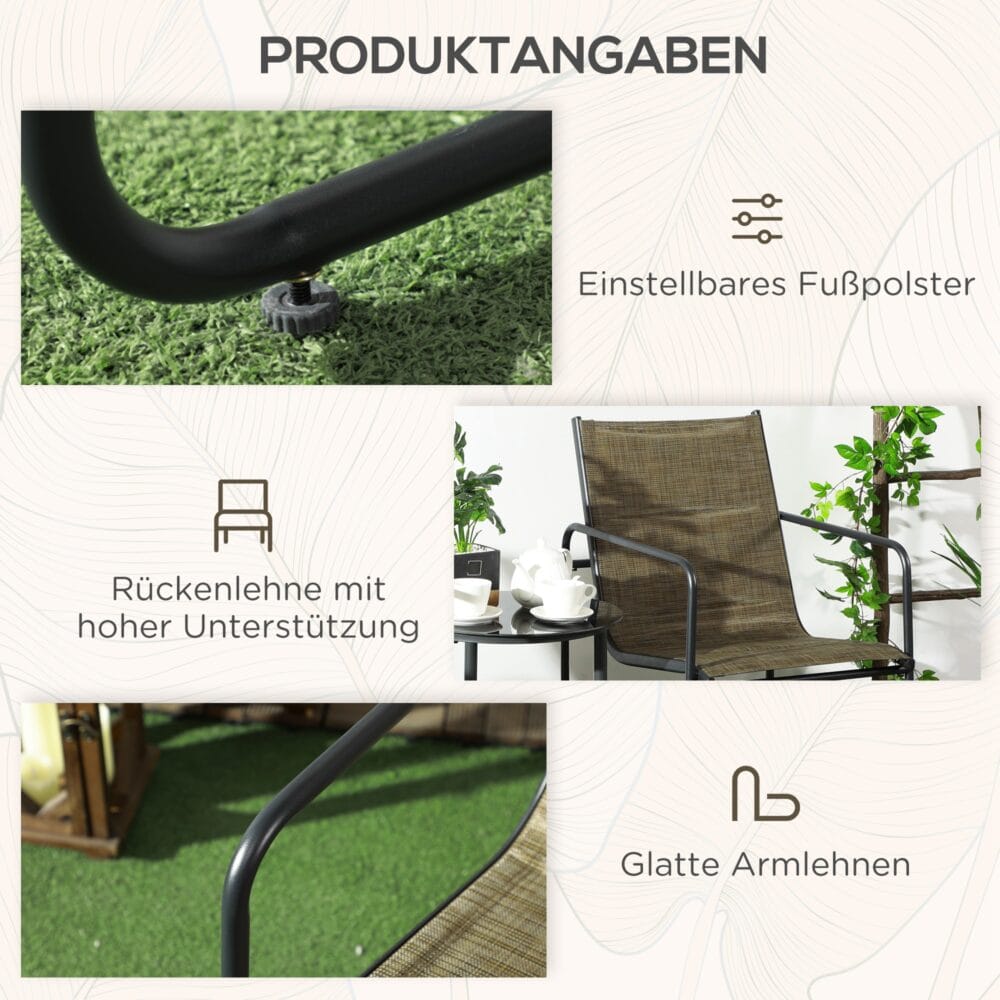Balkonstühle 2er-Set, atmungsaktiv, belastbar bis 130 kg, Farbe Braun.