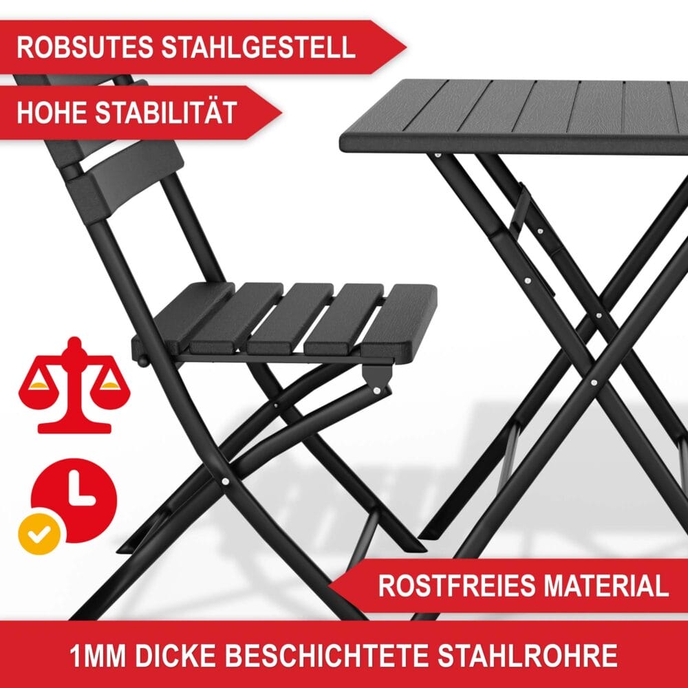 Platzsparendes Balkontisch-Set für zwei Personen, wetterfest und klappbar.