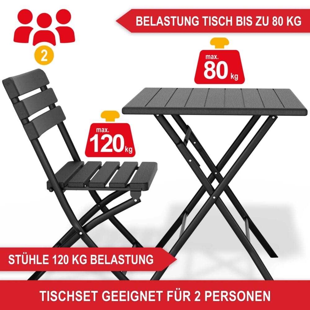 Platzsparendes Balkontisch-Set für zwei Personen, wetterfest und klappbar.