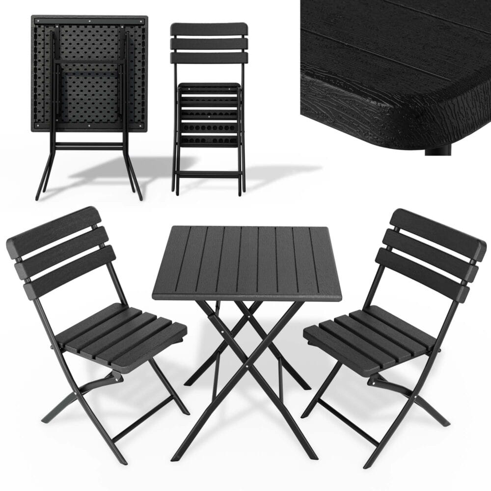 Platzsparendes Balkontisch-Set für zwei Personen, wetterfest und klappbar.