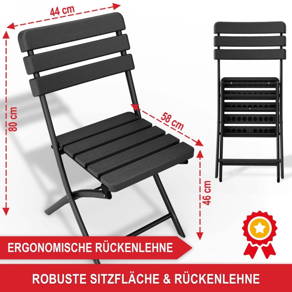 Platzsparendes Balkontisch-Set für zwei Personen, wetterfest und klappbar.