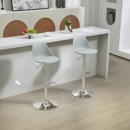 Barhocker 2er-Set gepolstert 360° drehbar höhenverstellbar Kunstleder Grau – Produktfoto zeigt modernes Design, hochwertige Materialien und funktionale Eigenschaften ideal für Wohn- oder Arbeitsbereiche. Perfekt als Einrichtungsinspiration oder zur Produktpräsentation in einem Onlineshop.