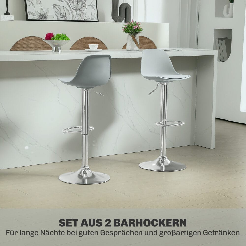 Barhocker 2er-Set gepolstert 360° drehbar höhenverstellbar Kunstleder Grau – Produktfoto zeigt modernes Design, hochwertige Materialien und funktionale Eigenschaften ideal für Wohn- oder Arbeitsbereiche. Perfekt als Einrichtungsinspiration oder zur Produktpräsentation in einem Onlineshop.