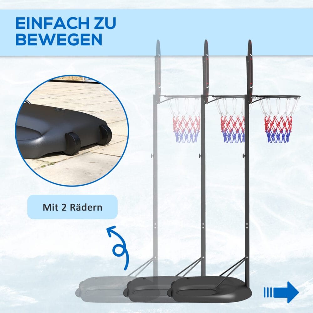 Schwarzer professioneller Basketballkorb, höhenverstellbar von 221-282cm, ideal für Erwachsene und fortgeschrittenes Training.