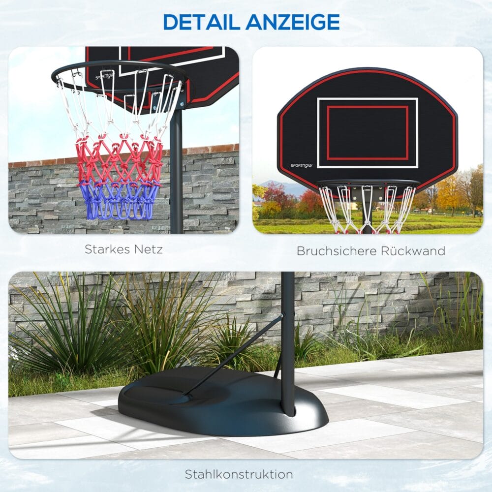 Schwarzer professioneller Basketballkorb, höhenverstellbar von 221-282cm, ideal für Erwachsene und fortgeschrittenes Training.