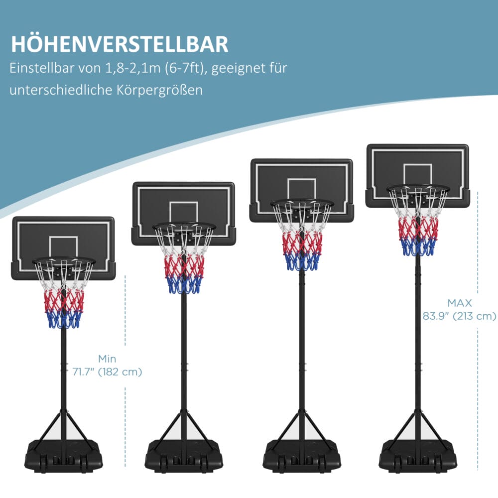 Schwarzer mobiler Basketballkorb, höhenverstellbar von 220-250cm und mit Rollen ausgestattet für flexible Platzierung.