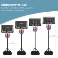 Schwarzer mobiler Basketballkorb, höhenverstellbar von 220-250cm und mit Rollen ausgestattet für flexible Platzierung.