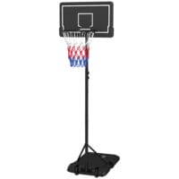 Schwarzer mobiler Basketballkorb, höhenverstellbar von 220-250cm und mit Rollen ausgestattet für flexible Platzierung.
