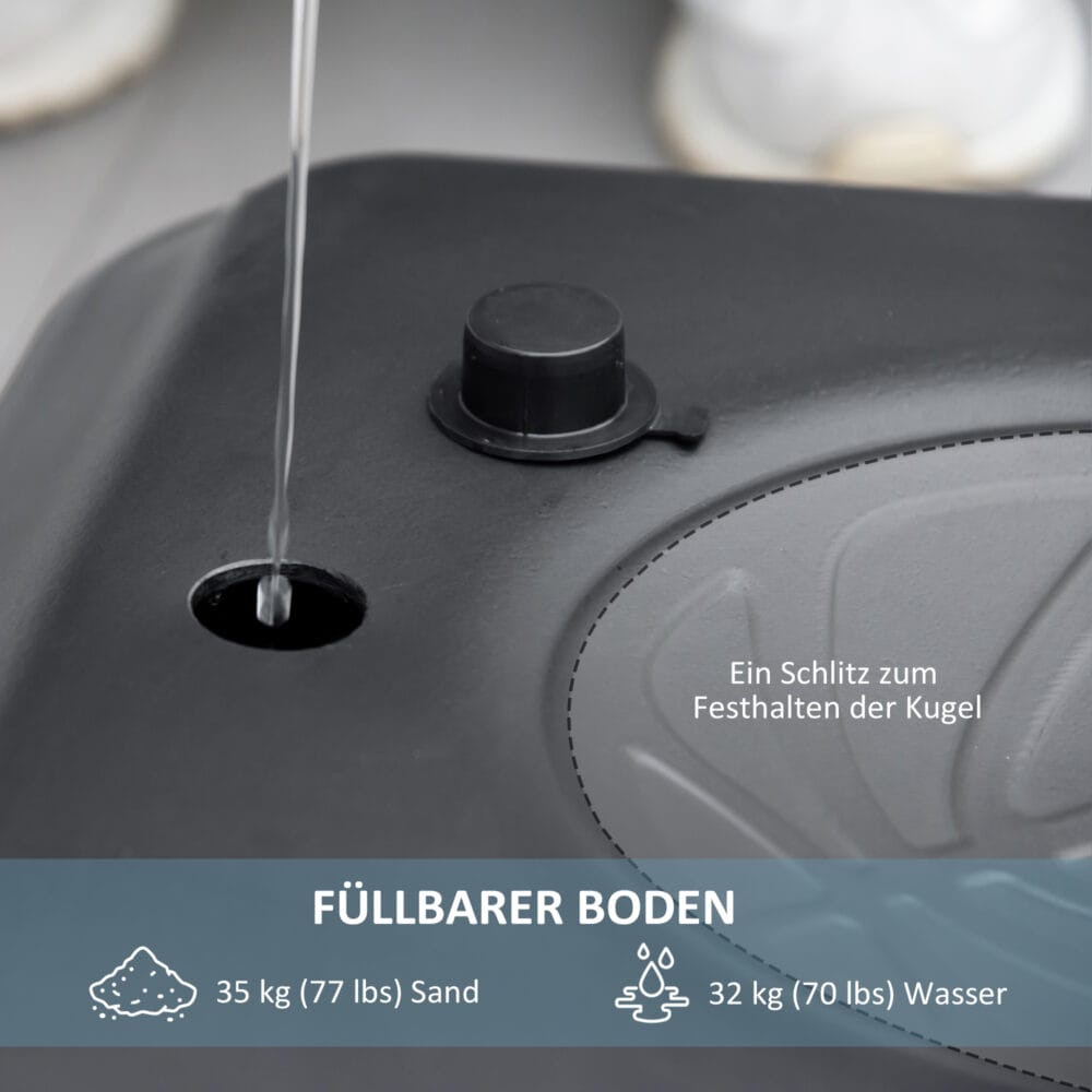 Schwarzer mobiler Basketballkorb, höhenverstellbar von 220-250cm und mit Rollen ausgestattet für flexible Platzierung.