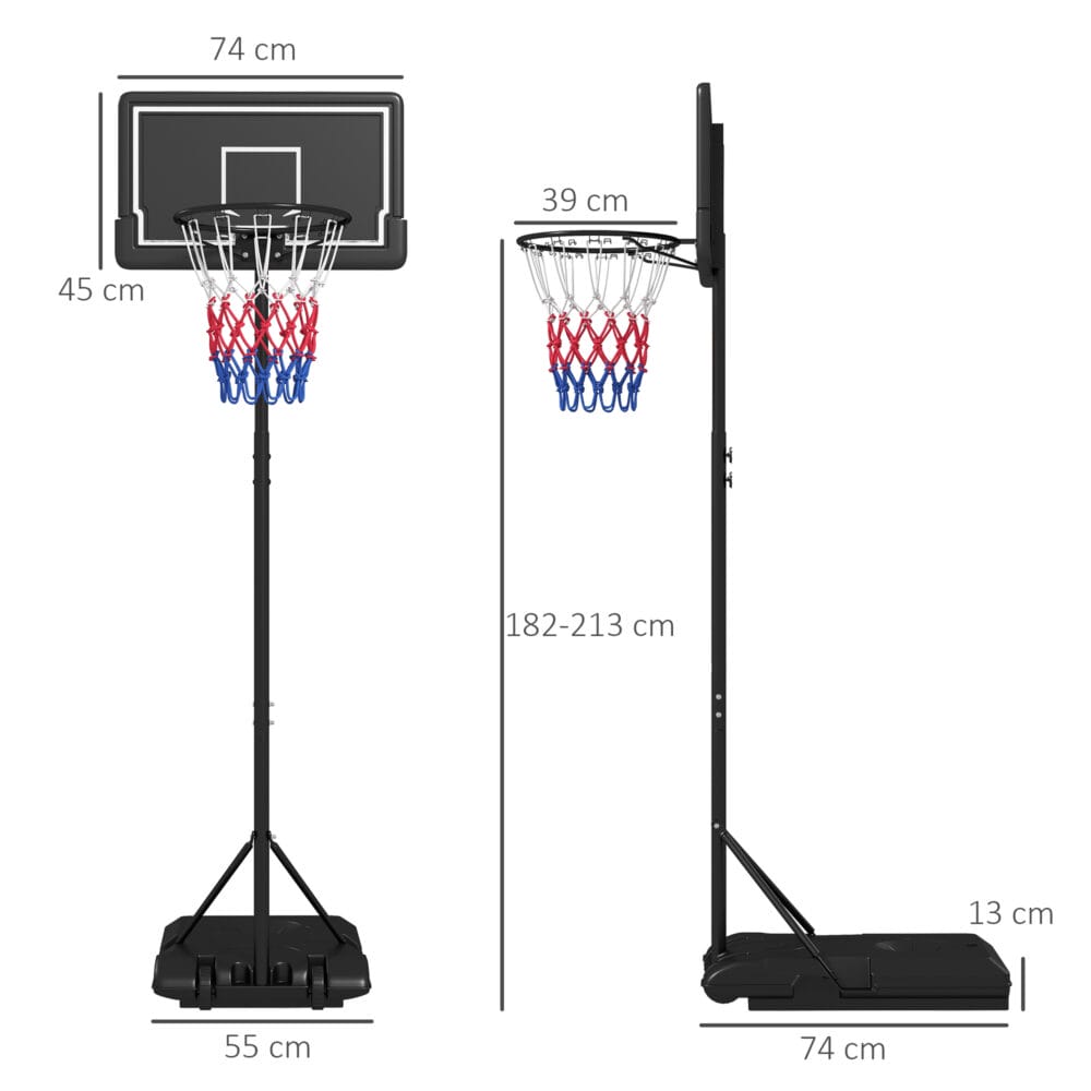 Schwarzer mobiler Basketballkorb, höhenverstellbar von 220-250cm und mit Rollen ausgestattet für flexible Platzierung.