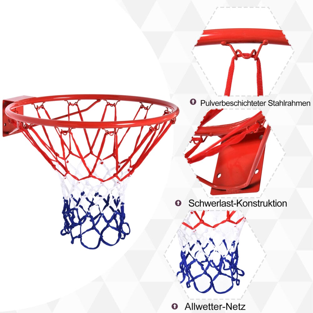 Klassischer Basketballkorb mit Netz aus Stahl und Nylon, ideal für den Aufbau an der Wand oder einem Ständer.