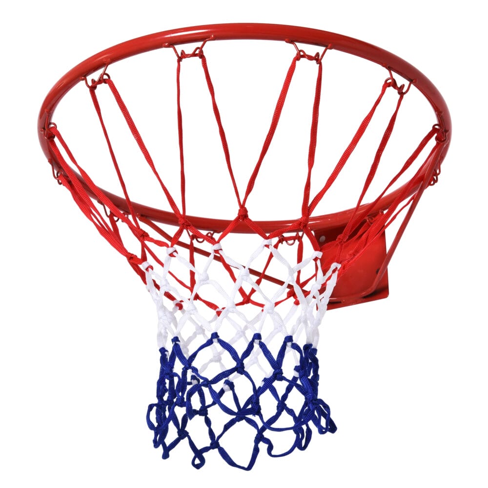 Klassischer Basketballkorb mit Netz aus Stahl und Nylon, ideal für den Aufbau an der Wand oder einem Ständer.